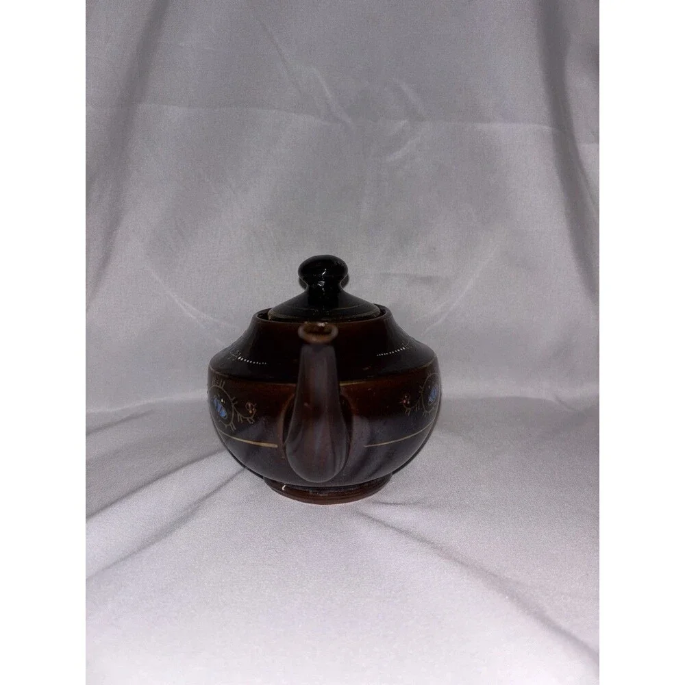 Brown Betty Teapot Hand Painted Red Ware Made in Japan Moriage Floral Blue VTG